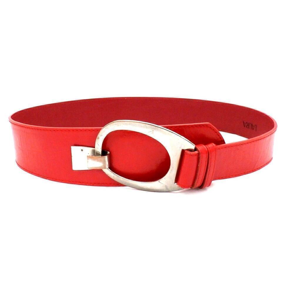 Womens Red Faux Patent Leather Wide Hip Belt Cool Silver Hook Buckle Laura Sz M